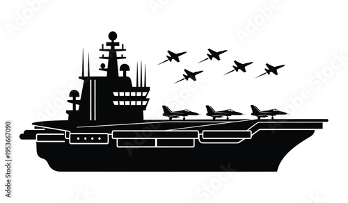 Silhouette of aircraft carrier with planes taking off military naval vessel silhouette