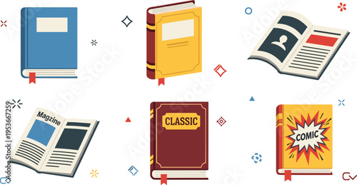 Books and magazines set with classic, comic and open pages, reading materials collection, library and education vector illustration bundle