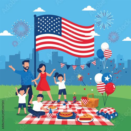 A family celebrates a festive day with food, flag, fireworks, and balloons