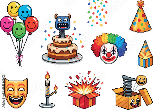 A pixel art collection of birthday celebration elements including balloons, cake, party hats, and clown face, perfect for festive designs