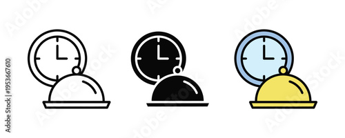 Food tray with clock icon set. Restaurant delivery time, fast food service, and meal scheduling symbols. Vector Illustration.