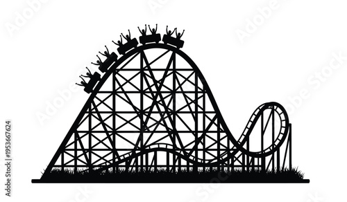 Silhouette of a large roller coaster with riders on a white background