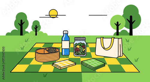 Picnic basket with food and drinks.