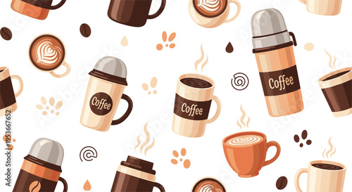 Coffee cups and takeaway mugs seamless pattern vector with latte, cappuccino, beans and hot drink illustration design