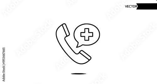 A black outline icon depicting a telephone handset receiver paired with a medical cross symbol Vector