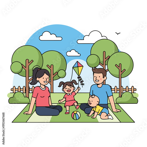 A family enjoys a park picnic with a kite, clouds, trees and happy expressions