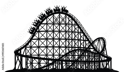 Silhouette of a large roller coaster with riders at the top of a steep hill