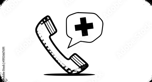A black and white line art illustration of a classic telephone receiver with a medical plus sign Vector