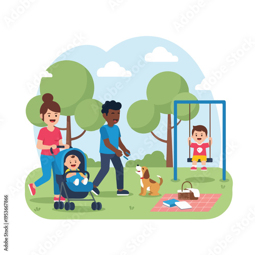 A family enjoys a sunny day at the park, with a baby and dog