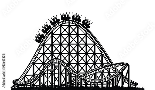 Silhouette of a classic wooden roller coaster with riders on top of a hill