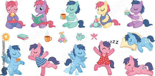 Cute cartoon pony characters vector set with reading, playing, sleeping and daily activities adorable pastel animal illustration collection