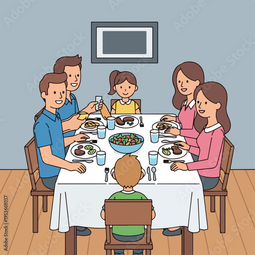 A family gathers around a table for a meal, smiling, enjoying the moment