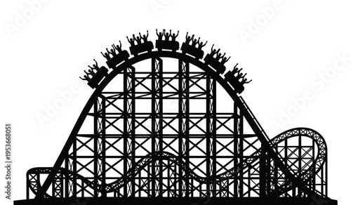 Silhouette of a classic wooden roller coaster with riders in silhouette