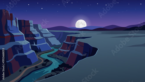 Majestic canyon landscape at night with full moon, stars, and river. Flat style vector illustration for travel, nature, and nighttime adventure themes.