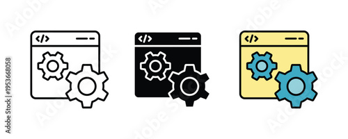 Web development and coding settings icon set. Software programming, browser optimization, and backend configuration symbols. Vector Illustration.