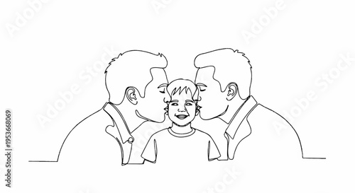 Two men discussing or arguing with a child in the middle simple line drawing minimalistic style white background
