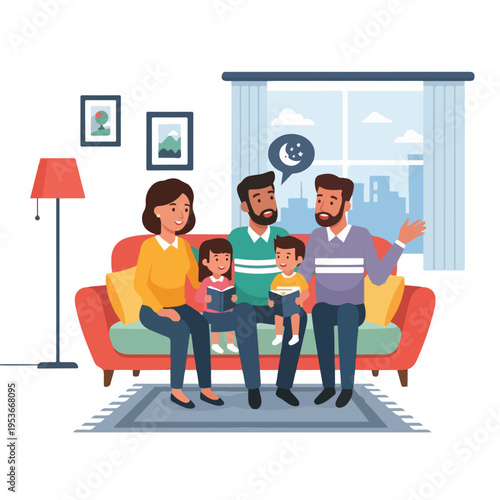 A family is seen seated on a couch, indoors, reading books, and chatting