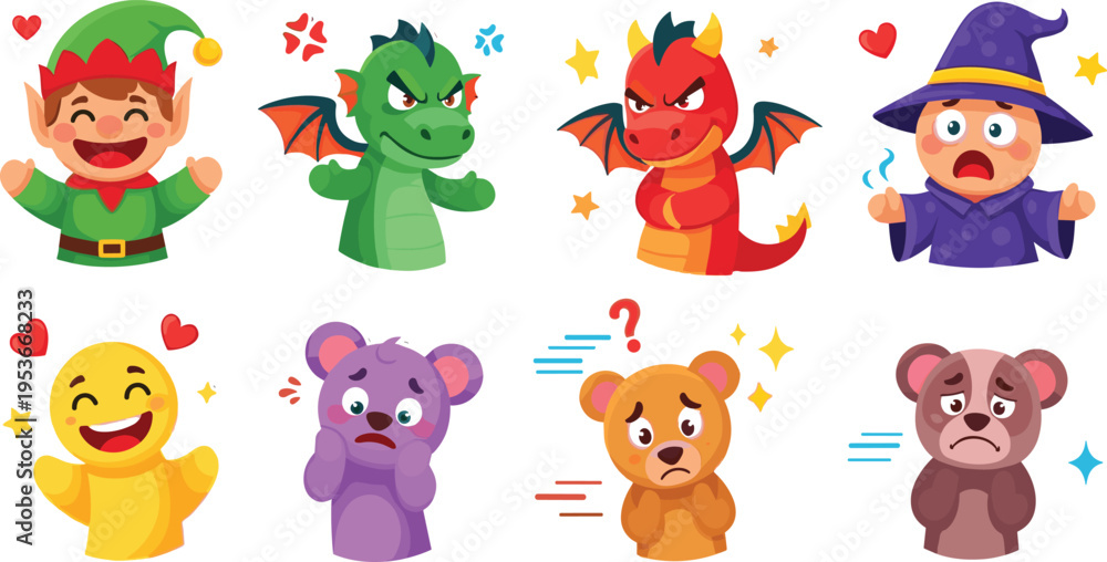Fototapeta premium Cute fantasy characters and emotions set with elf, dragons, wizard and animals, cartoon mascot expressions collection vector illustration bundle