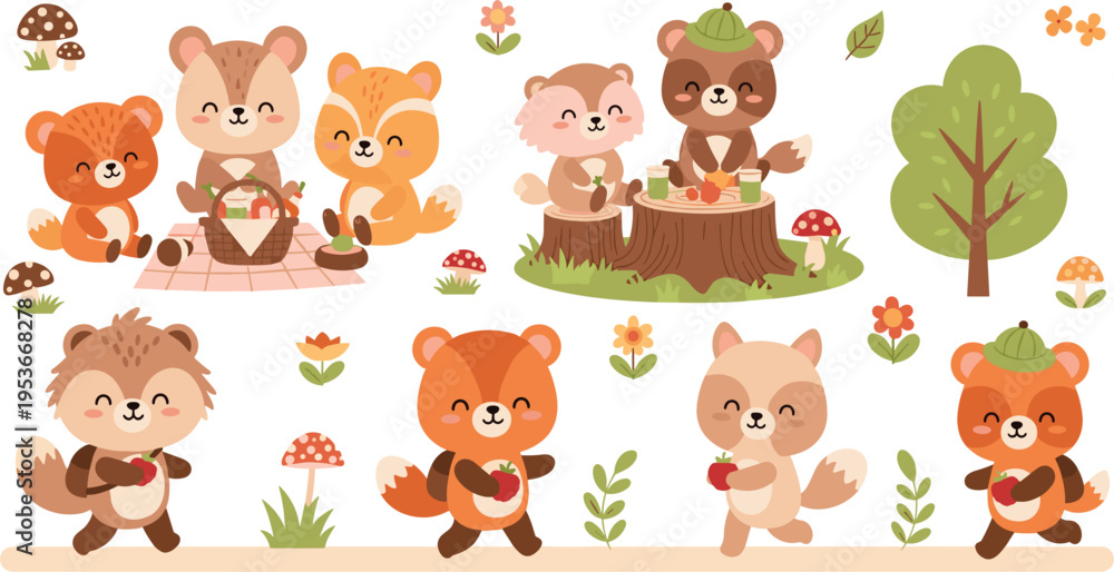 Fototapeta premium Cute forest animals vector set with bears, foxes, picnic scene and woodland nature elements adorable cartoon illustration collection