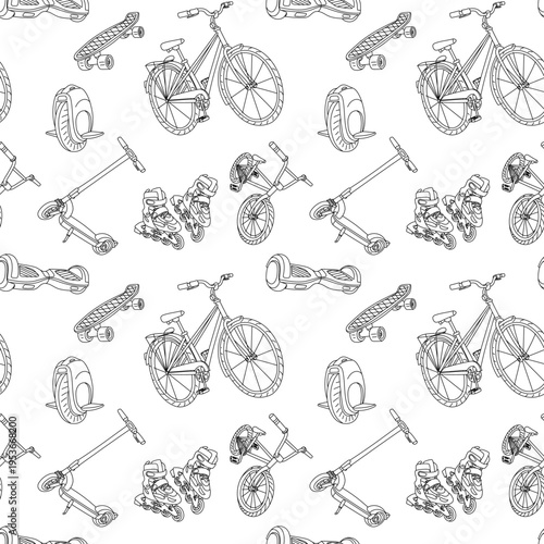 Monochrome outline seamless pattern with bicycle, scooter and skateboard. Linear eco city transport background for sport textile, rental wallpaper or wrapping paper. Isolated graphics