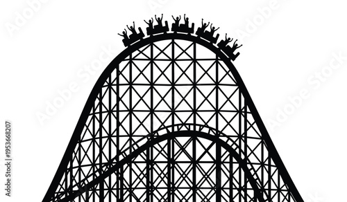 Silhouette of a roller coaster with riders at the top of a steep hill