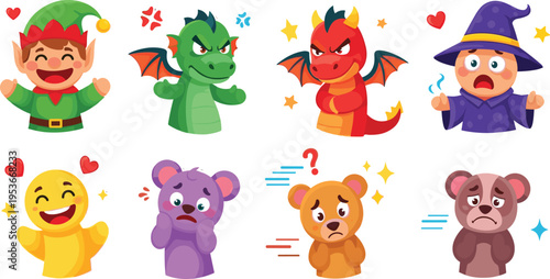 Cute fantasy characters and emotions set with elf, dragons, wizard and animals, cartoon mascot expressions collection vector illustration bundle