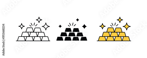 Shining gold bars stack icon set. Wealth, banking reserve, and precious metal investment symbols. Vector Illustration.