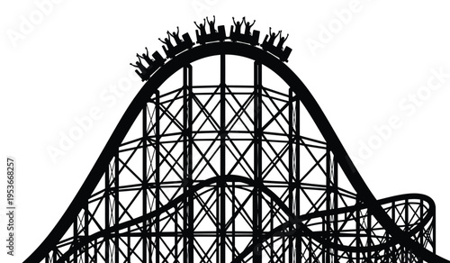 Silhouette of a roller coaster with riders at the top of a steep hill