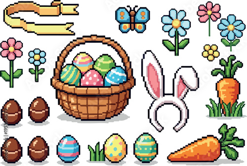 Pixel art easter celebration with colorful eggs, basket, bunny ears, flowers, and carrots