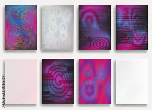 Vibrant op art geometric wave collection, abstract optical illusion set.Dynamic psychedelic line textures, contemporary wall art collection. Hypnotic line pattern posters, hologram effects. Vector