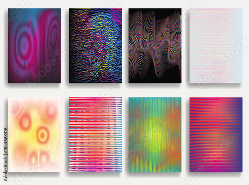 Vibrant op art geometric wave collection, abstract optical illusion set.Dynamic psychedelic line textures, contemporary wall art collection. Hypnotic line pattern posters, hologram effects. Vector