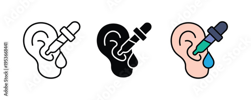 Medical ear drops with pipette icon set. Hearing care, otology treatment, and liquid medicine symbols. Vector Illustration.