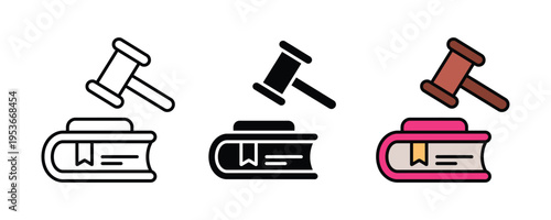 Justice law gavel and legal book icon set. Courtroom authority, legislation, and judicial system symbols. Vector Illustration.
