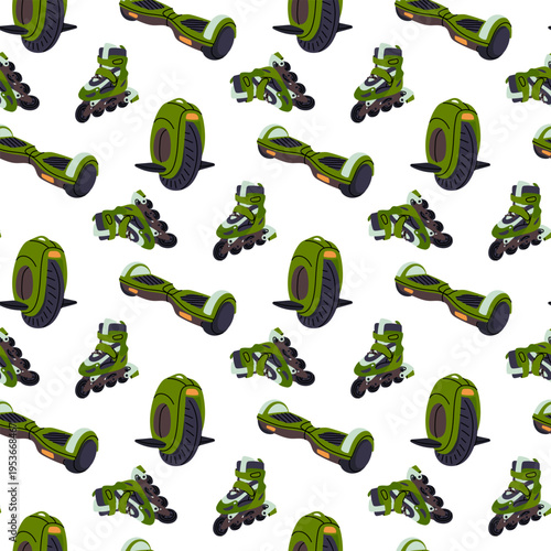 Flat seamless pattern with green hoverboard, roller skates and monowheel. Eco-friendly modern city transport and active lifestyle background for textile or wallpaper. seamless texture graphics