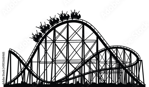 Silhouette of a classic wooden roller coaster with riders in silhouette