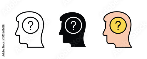 Human head with question mark icon set. Curiosity, problem-solving, and psychological brainstorming symbols. Vector Illustration.
