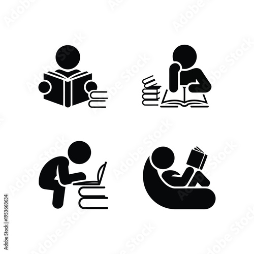 Four different ways of engaging with reading materials world book day, world book day 2026, book day ,book day vector, book day set icons, book day vector icons
