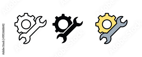 Industrial wrench and gear setting icon set. Technical support, mechanical repair, and system configuration symbols. Vector Illustration.