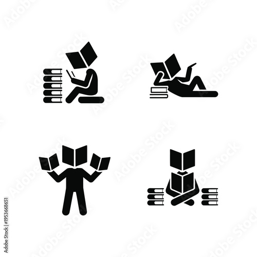 Four icons depicting various ways people engage with books and reading world book day, world book day 2026, book day ,book day vector, book day set icons, book day vector icons