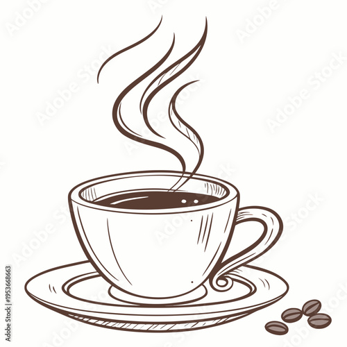 A cup of coffee on a saucer with coffee beans