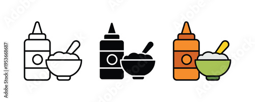 Sauce squeeze bottle and condiment bowl icon set. Kitchen seasoning, restaurant dipping sauce, and food flavoring symbols. Vector Illustration.