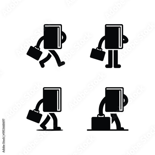 Cartoon depiction of a person with a laptop and briefcase in various walking postures world book day, world book day 2026, book day ,book day vector, book day set icons, book day vector icons