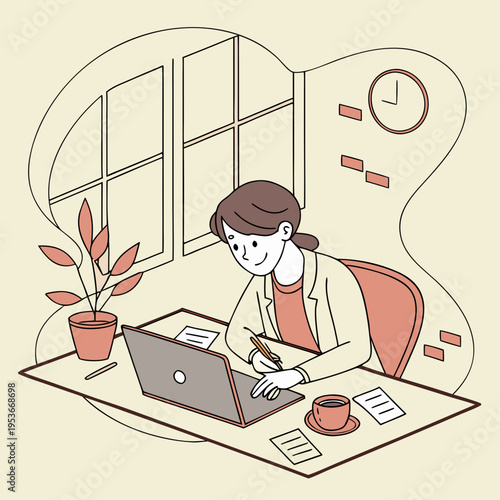 Woman sitting at desk with laptop and writing