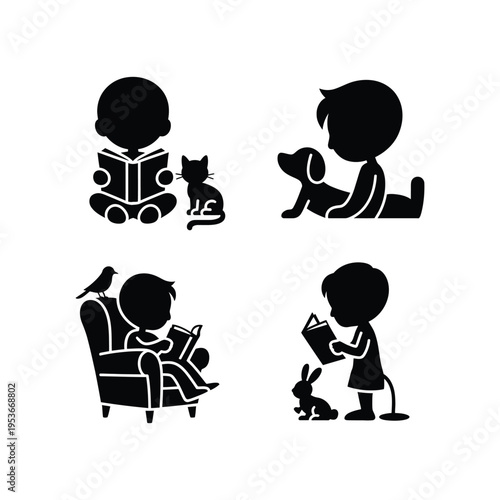 Children engaging with animals and books in different cozy settings world book day, world book day 2026, book day ,book day vector, book day set icons, book day vector icons