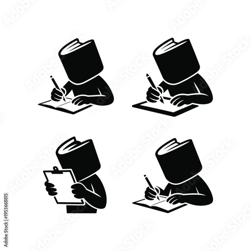 Four book-loving characters engaged in different study activities world book day, world book day 2026, book day ,book day vector, book day set icons, book day vector icons