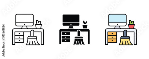 Clean workspace desk and computer maintenance icon set. Digital decluttering, office organization, and system cleaning symbols. Vector Illustration.