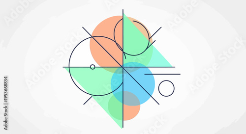 Modern abstract geometric illustration with overlapping colorful shapes, lines, and circles on a clean background, ideal for tech and design.