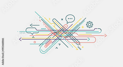 Abstract tangled network of colorful lines with communication icons, representing complex data flow and modern digital strategy.