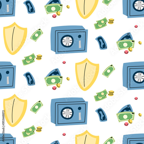Flat seamless pattern with metal safe box, money and protection shield. Banking security and financial insurance background for business website, wrapping paper or textile. seamless texture graphics.