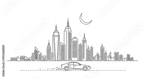 Dynamic night city skyline vector illustration with tall skyscrapers and a car driving on a road, minimalist urban landscape.